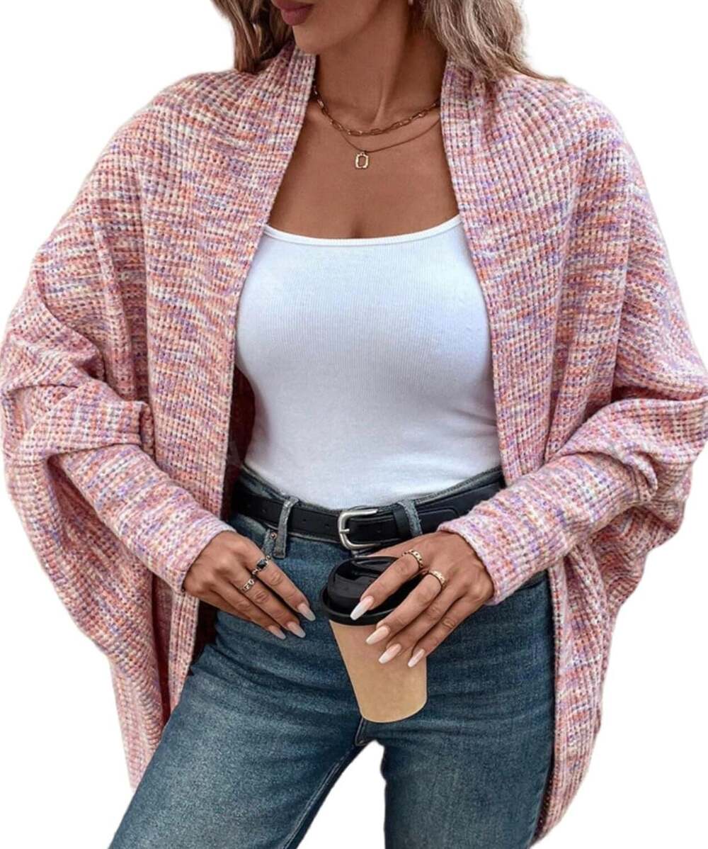 ChicMe Pink Multi Waffle Knit Batwing Sleeve Cardigan Size S